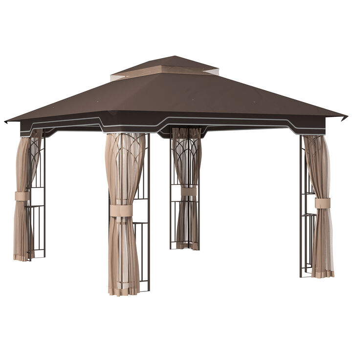 10' x 12' Patio Gazebo Outdoor Canopy Shelter w/ 2 Tier Roof, Brown
