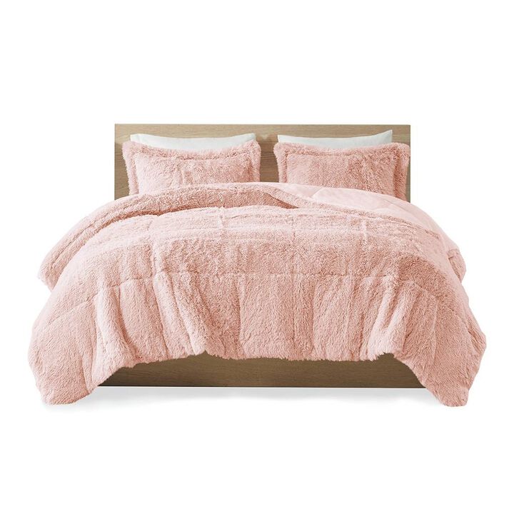 Hivvago Full/Queen Pink Blush Soft Sherpa Faux Fur 3 Piece Comforter Set