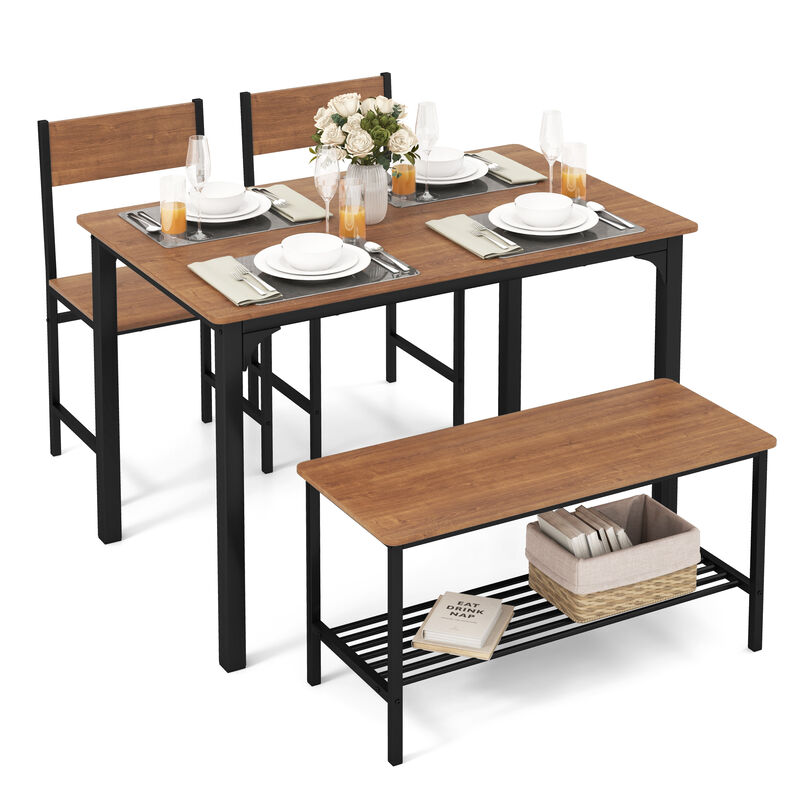 4 Pieces Rustic Dining Table Set with 2 Chairs and Bench