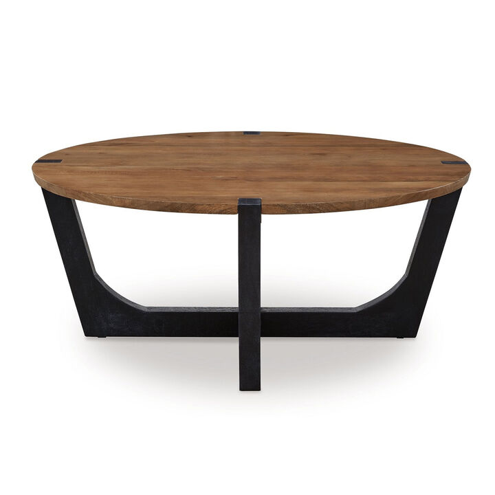 Leyi Round Coffee Table, Angled Legs, 44 Inch Brown Mango Wood - Benzara