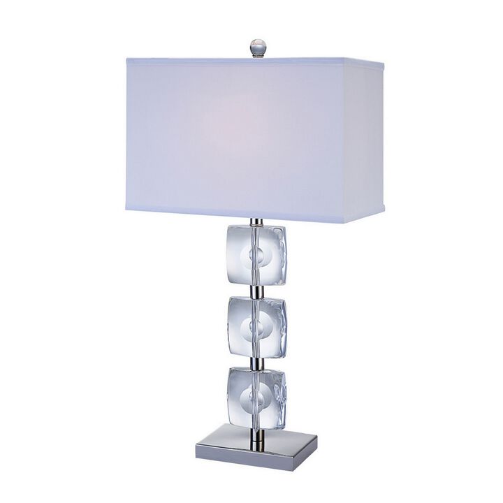 28 Inch Table Lamp, Crystal Stand, White Rectangular Shade, Metal, Clear -Benzara