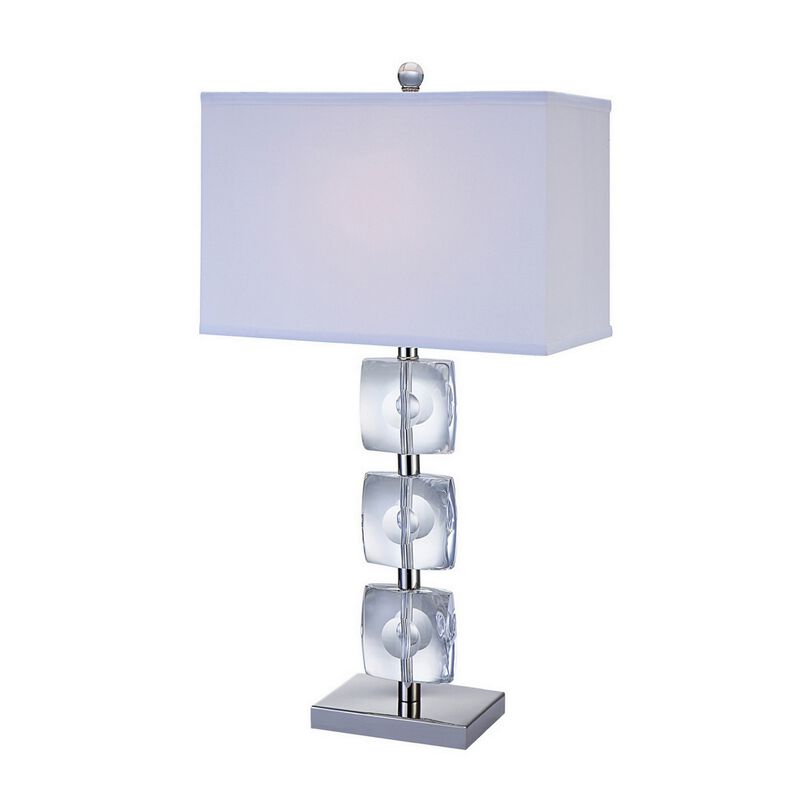 28 Inch Table Lamp, Crystal Stand, White Rectangular Shade, Metal, Clear -Benzara