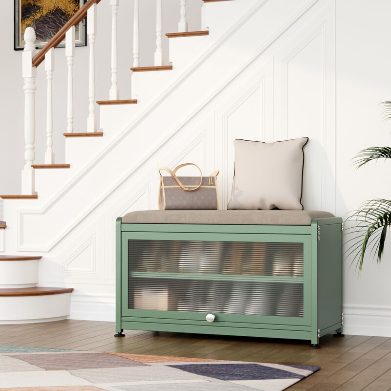 Mega Casa Shoe Storage Cabinet with 2 Tier Shoe Rack, Entryway Bench with Cushion, Metal