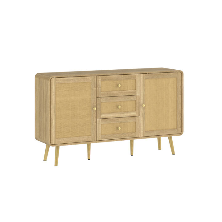 FUFU&GAGA Modern Rattan Dresser with Gold Handles & Legs, 3 Drawers & 2 Cabinets, Natural Wood Finish (55.1" W x 13.8" D x 32.1" H),White