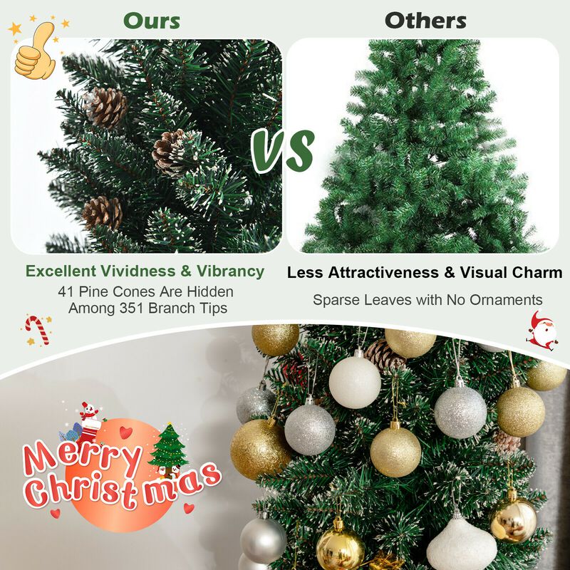 Snowy Artificial Pencil Christmas Tree with Pine Cones for Rustic and Space-Saving Holiday Decor