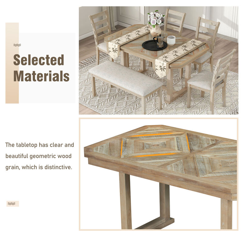 6-Piece Rubber Wood Dining Table Set with Beautiful Wood Grain Pattern Table Top Solid Wood Veneer and Soft Cushion