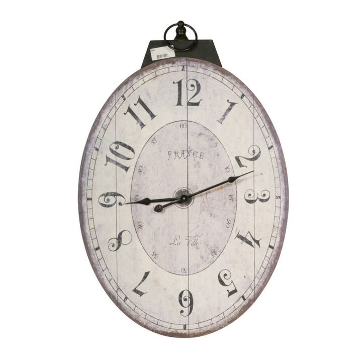 Distressed Oval Shape Wooden Wall Clock with Ring Hanger,  White and Black-Benzara