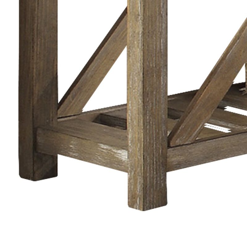 Rectangular Wooden Sofa Table With Slated Bottom Shelf, Gold Brown - Benzara