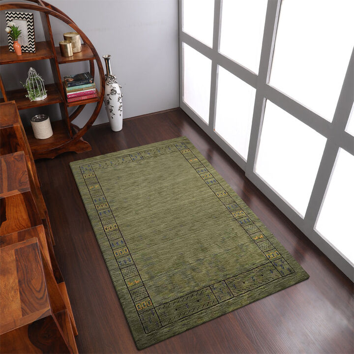 RUGSOTIC CARPETS HAND KNOTTED LOOM WOOL ECO-FRIENDLY AREA RUGS  - 5'x8', Rectangle, Green Color, Contemporary Modern Design, High Pile Thick Handmade Anti Skid Rugs for Living Room (L00225)