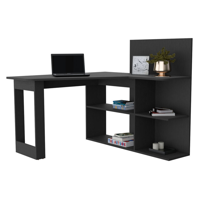 DEPOT E-SHOP Kairi Writing Computer Desk, Five Open Shelves, Black