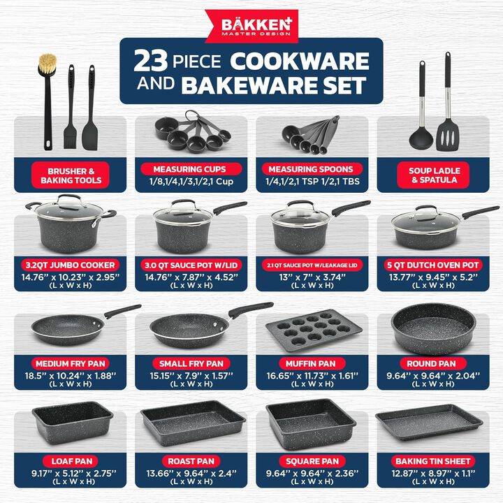 Bakken- Swiss Kitchen Cookware Set - Nonstick Coating, Pot and Pans Set with Handle Grips & Tempered Glass Lids, PFOA, PFOS, PTFE Free, Ceramic Max Temperature (Up To 500° F), Set of 23