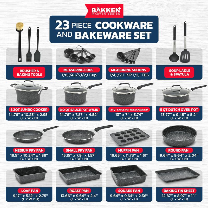 Bakken- Swiss Kitchen Cookware Set - Nonstick Coating, Pot and Pans Set with Handle Grips & Tempered Glass Lids, PFOA, PFOS, PTFE Free, Ceramic Max Temperature (Up To 500° F), Set of 23
