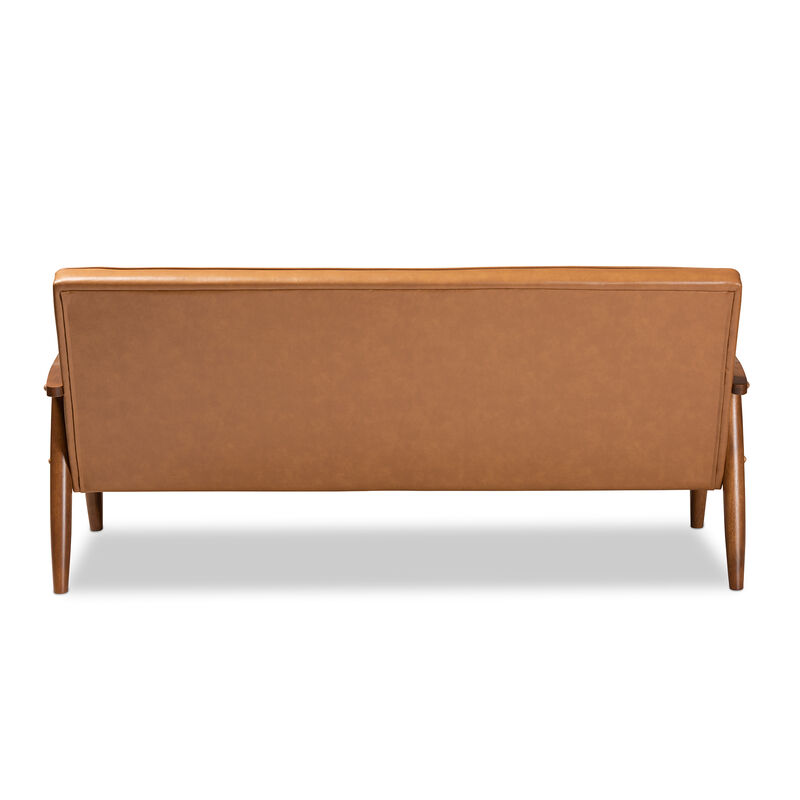 Baxton Studio Sorrento Mid Century Tan Faux Leather Upholstered Wood Sofa