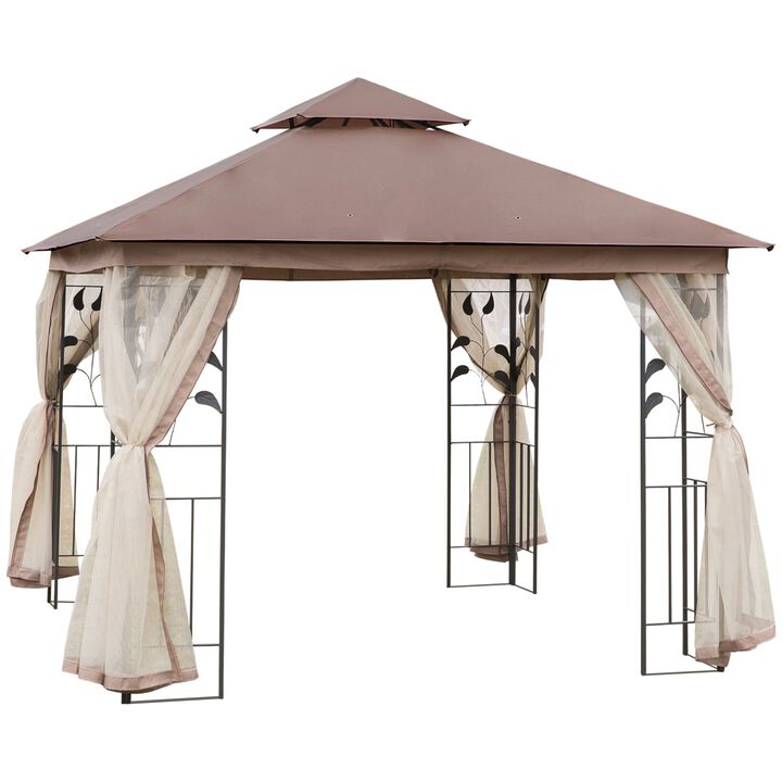 Brown Backyard Retreat: 10'x10' Gazebo with Curtains and Netting