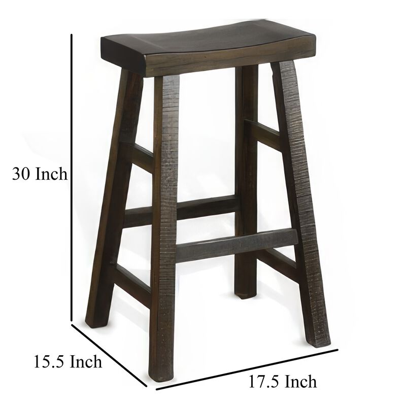 Flint Barstool Set of 2, Saddle Seat, Distressed Dark Brown Mahogany - Benzara