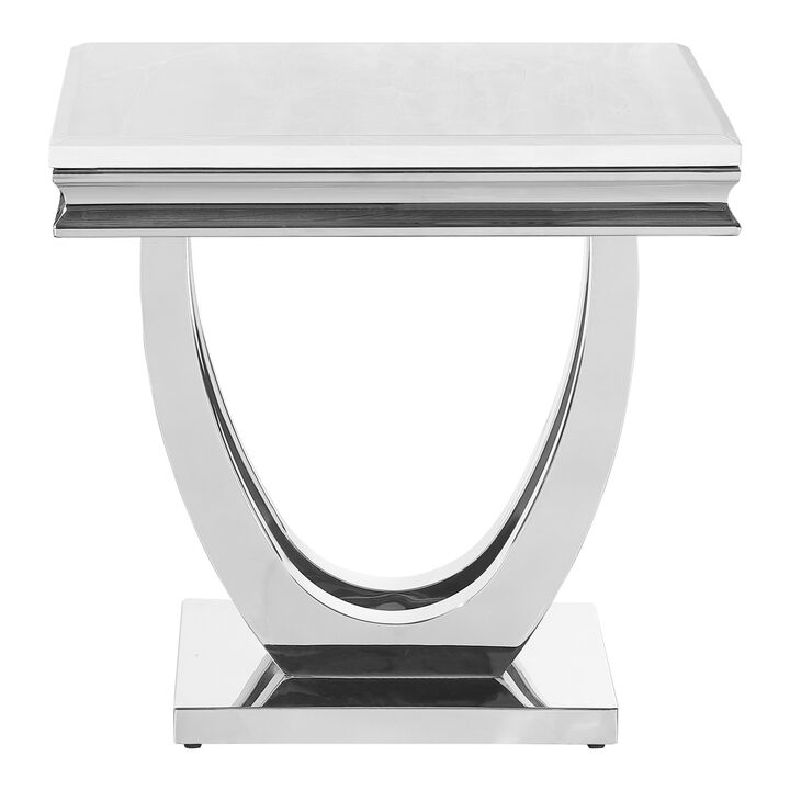 Kas 24 Inch Square End Table, White Stone Top, Polished Chrome Flush Base - Benzara