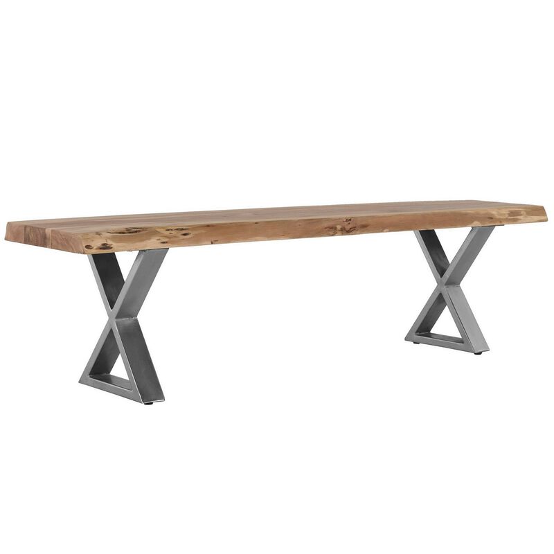 70 Inch Wood Dining Bench, Farmhouse Design, Crossed Legs, Brown, Chrome-Benzara