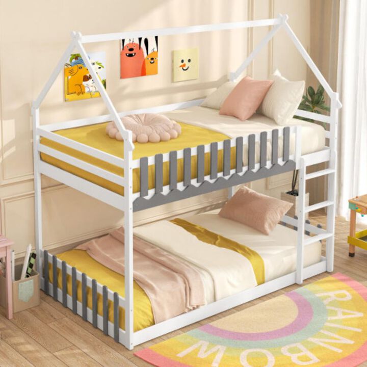 Twin Over Twin Bunk Bed with Fence and Ladder for Kids-Grey