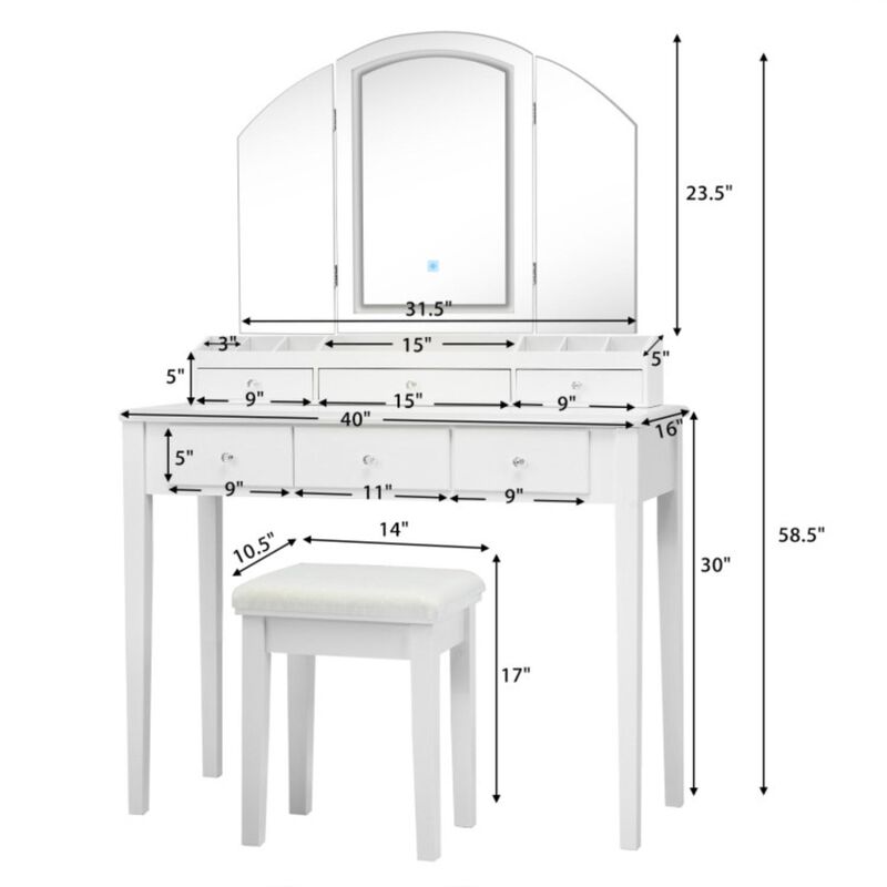 Hivvago Vanity Table Stool Set with Large Tri-folding Lighted Mirror