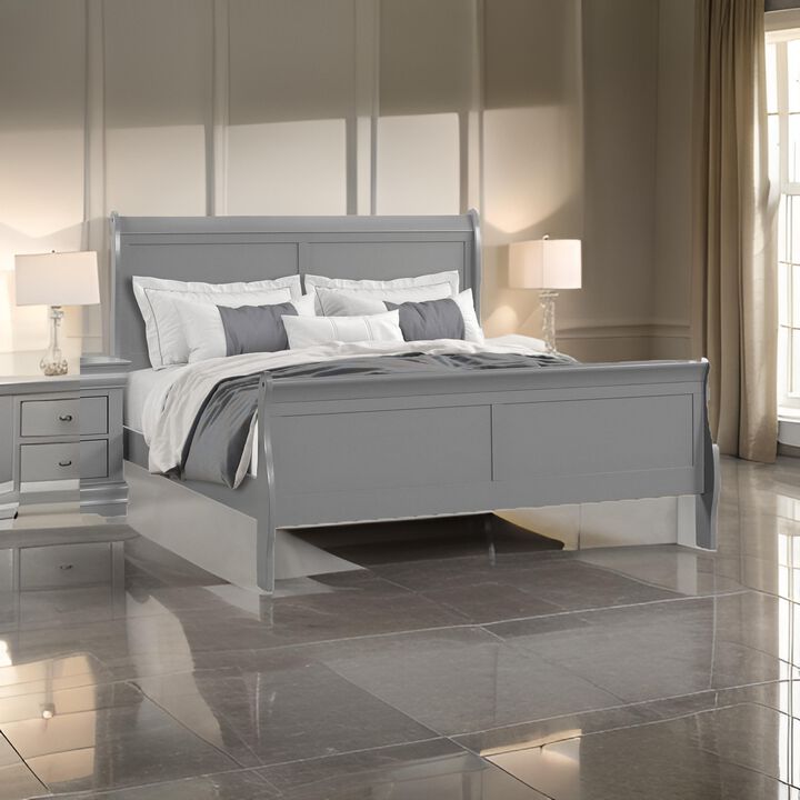 Ryla Queen Size Bed, Sleigh Panel Headboard, Classic Light Gray Solid Wood