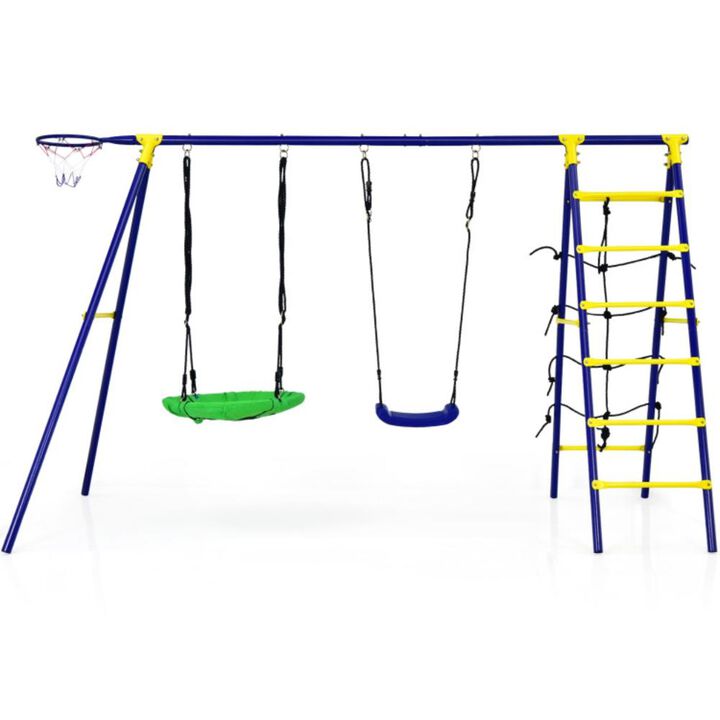 Hivvago 5-In-1 Outdoor Kids Swing Set with A-Shaped Metal Frame and Ground Stake