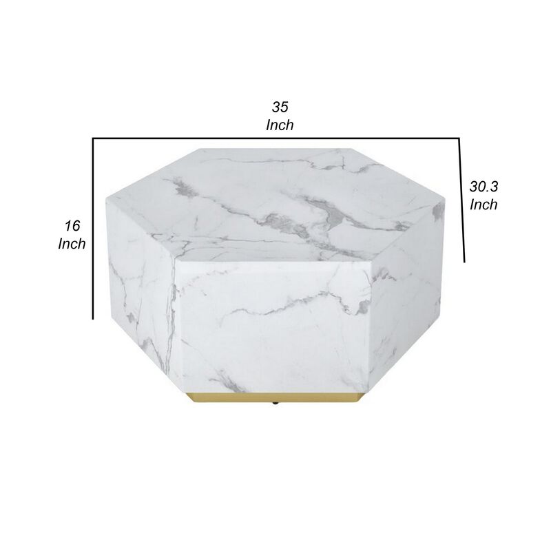 Hexi 35 Inch Coffee Table, Hexagonal, White Marble Design, Gold Base - Benzara