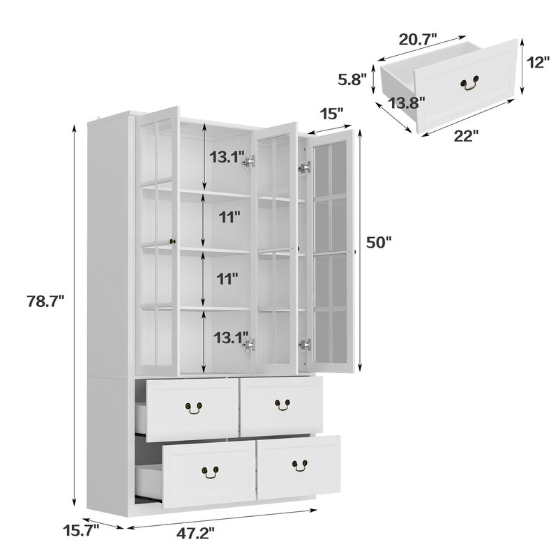 47.2 in. W x 78.7 in. H 8-Shelf Wood Standard Bookcase Bookshelf With Glass Doors, Adjustable Shelves, Drawers