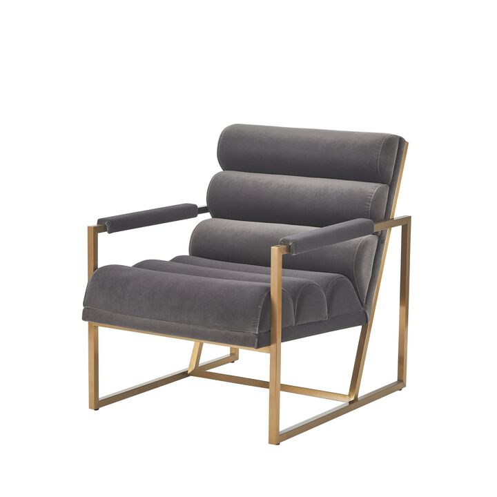 Cid Dave 27 Inch Accent Chair, Tufted Gray Velvet, Square Steel Legs, Brass - Benzara