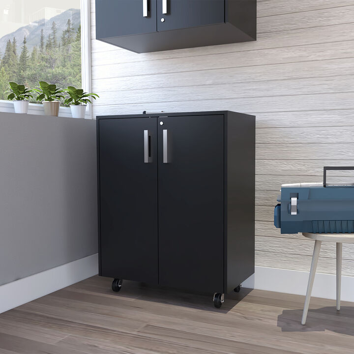 Storage Cabinet, Casters, Double Door, Two Interior Shelves - Black