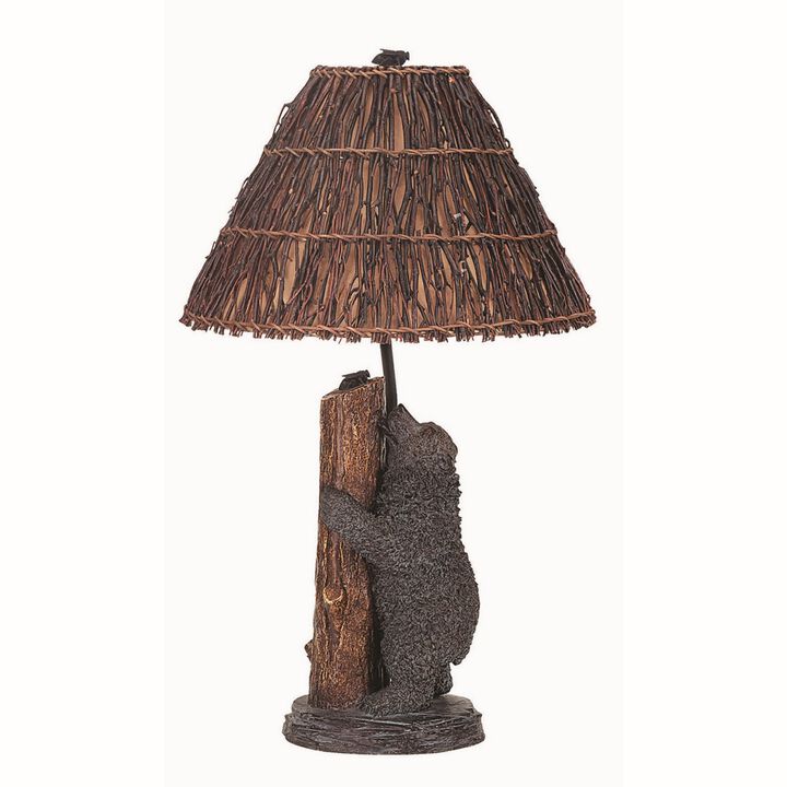 150 Watt Resin Bear Body Table Lamp with Twig Shade, Gray and Brown-Benzara