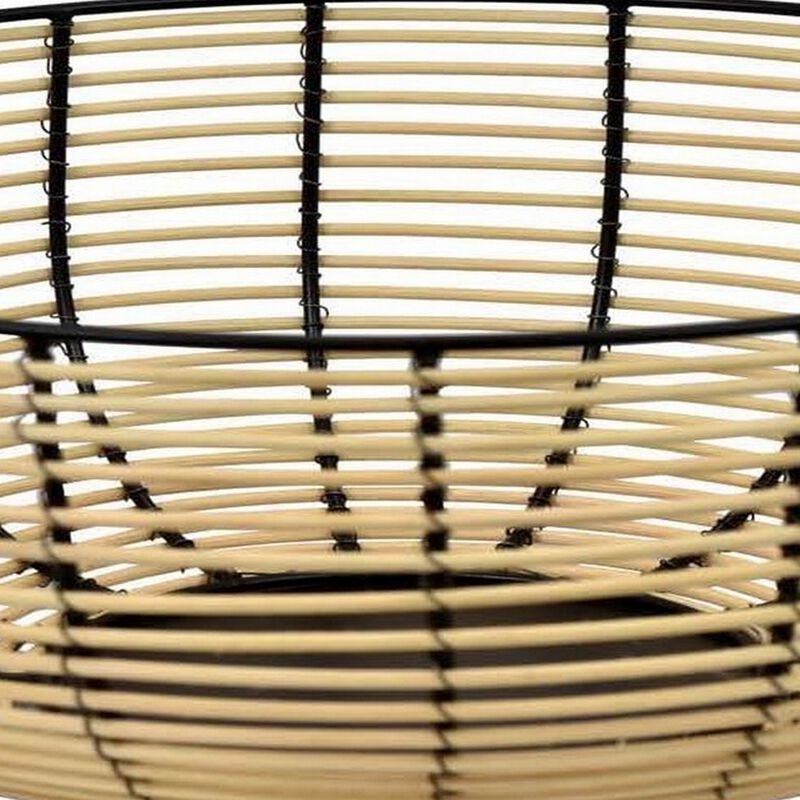 14 Inch Decorative Bowl, Accent Wired Woven Basket, Black, Natural Brown - Benzara