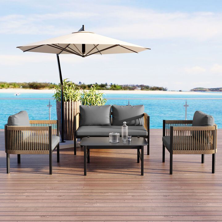 Mondawe Outdoor Garden Patio Sectional Modular Multi-person Sofa Set,W/ Rattan Sofa & Glass Table