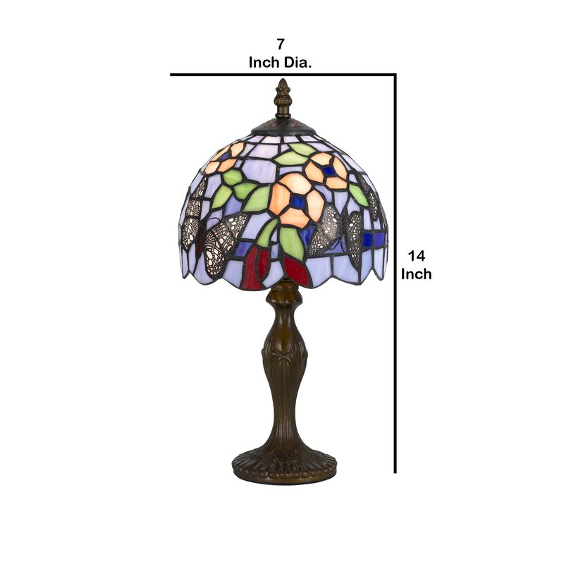 Metal Body Tiffany Table Lamp with Butterfly Design Shade, Multicolor - Benzara