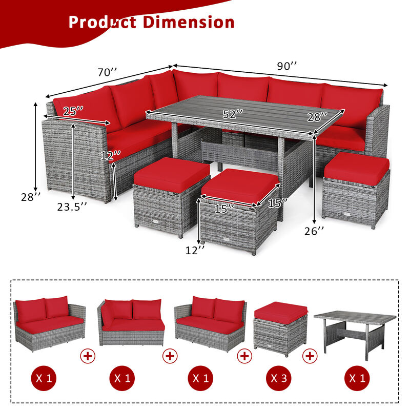 7 Pieces Patio Rattan Dining Furniture Sectional Sofa Set with Wicker Ottoman