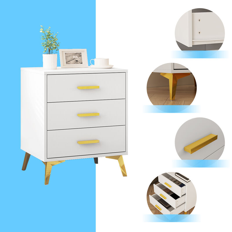 Modern Nightstand with 3 Storage Drawers & Gold Metal Legs, Minimalist and Versatile Bedside Table Sofa End Side Table, White (19.7" W x 15.7" D x 23.6" H)