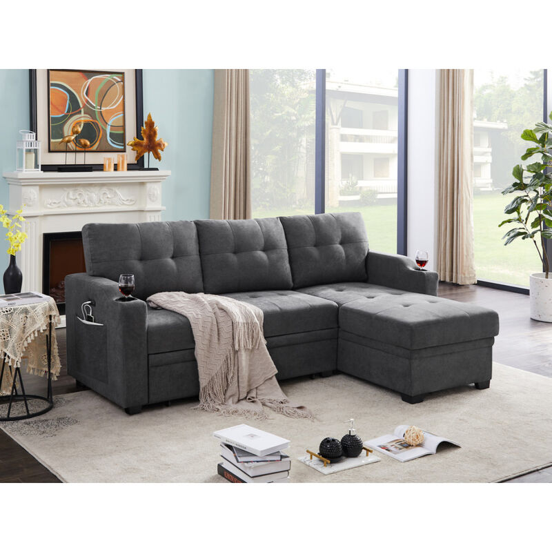 Mabel Dark Gray Woven Fabric Sleeper Sectional With Cup Holder, USB Charging Port And Pocket