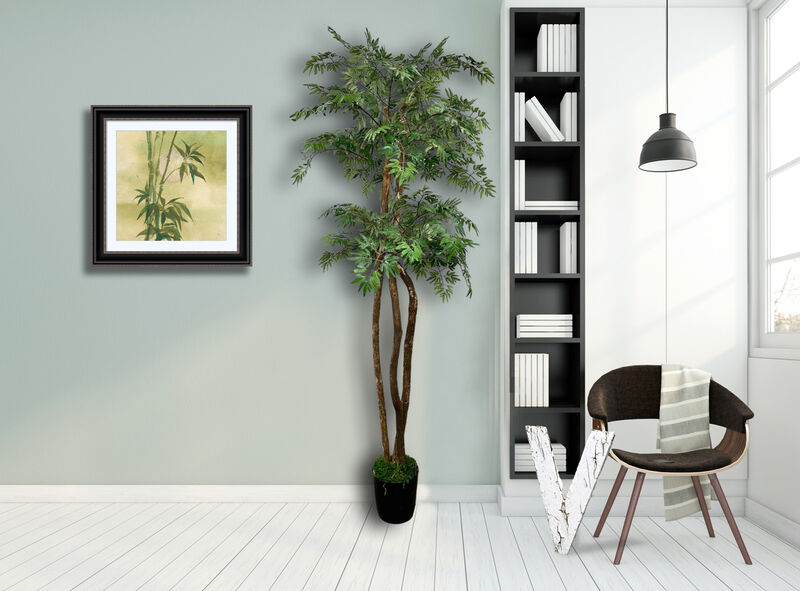 Handmade 6' Artificial Ming 2-Tier Tree In Home Basics Plastic Pot Made with Real Wood and Moss Accents
