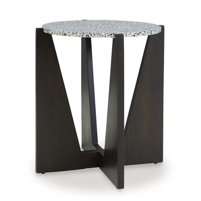 Accent Table, Round Terrazzo Tabletop, 25 Inch, Dark Brown Mango Wood - Benzara