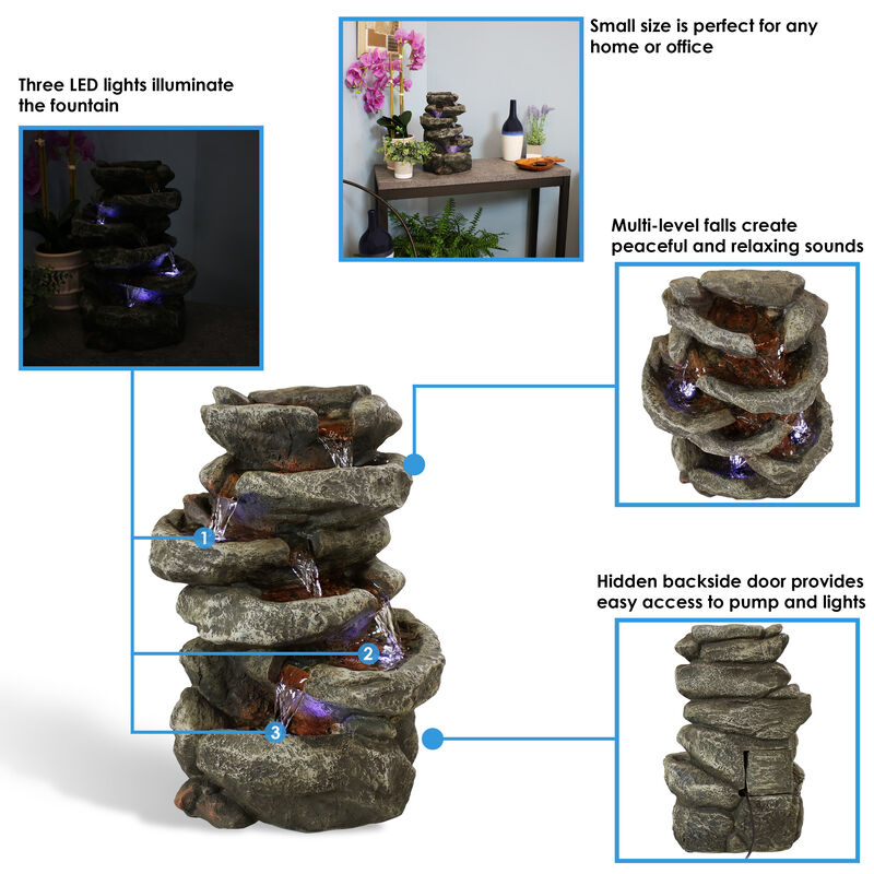 Sunnydaze Stone Falls Polyresin 6-Tier Indoor Fountain with LED - 15 in
