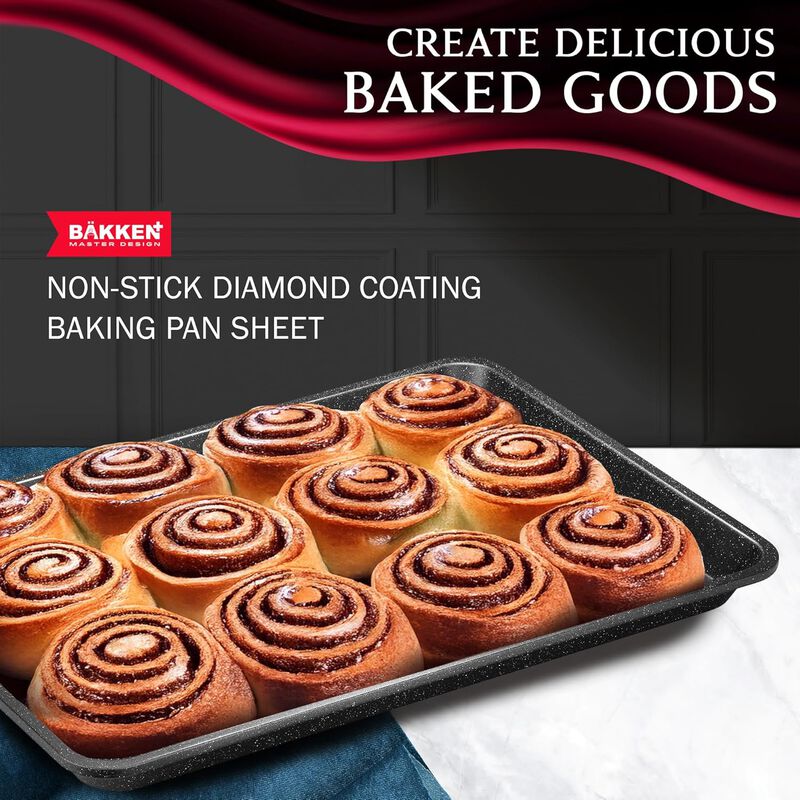 BAKKEN Kitchen Baking Pans - Small, Medium, and Large Cookie Pan (13.58×9.65, 15.75×11, 17.91×12.60), Nonstick, Diamond Texture Bottom,