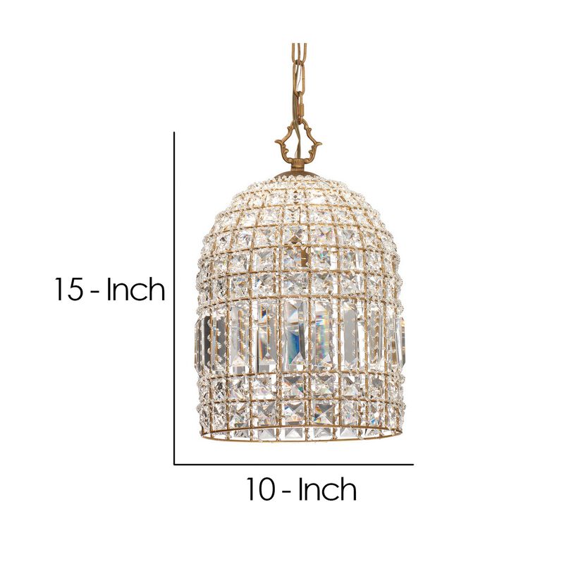Pendant Chandelier with Dome Metal Frame and Crystal Accents, Gold-Benzara