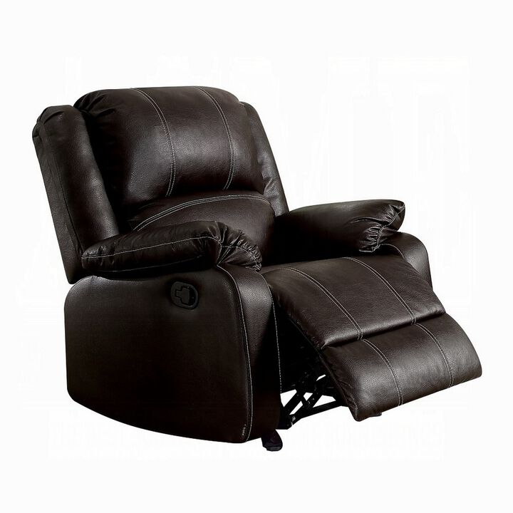 Zuru Motion Manual Rocker Recliner Chair, Plush Brown Faux Leather - Benzara
