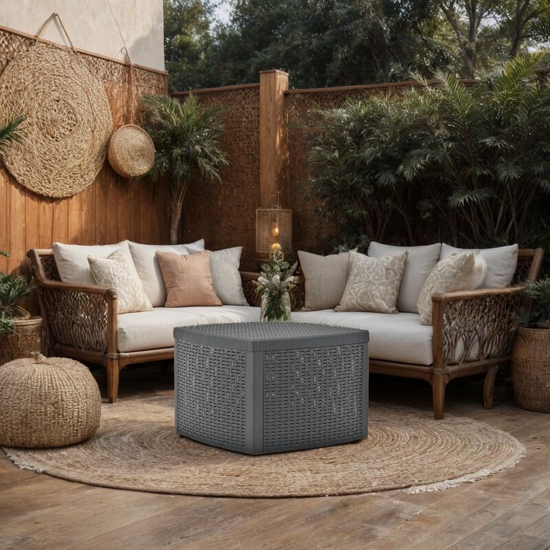 Outdoor Side End Table, 21 Inch Square Rattan Design, Anthracite Gray - Benzara