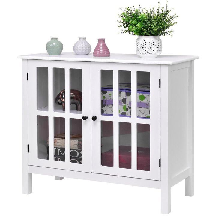 Hivvago White Wood Sideboard Buffet Cabinet with Glass Panel Doors