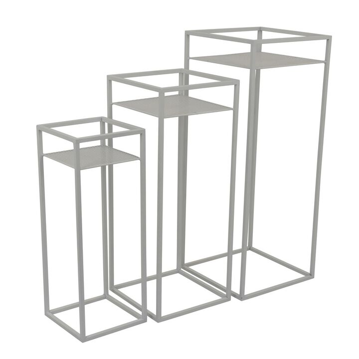 Sano Plant Stand Table Set of 3, Mesh Pattern, White Metal, Square - Benzara