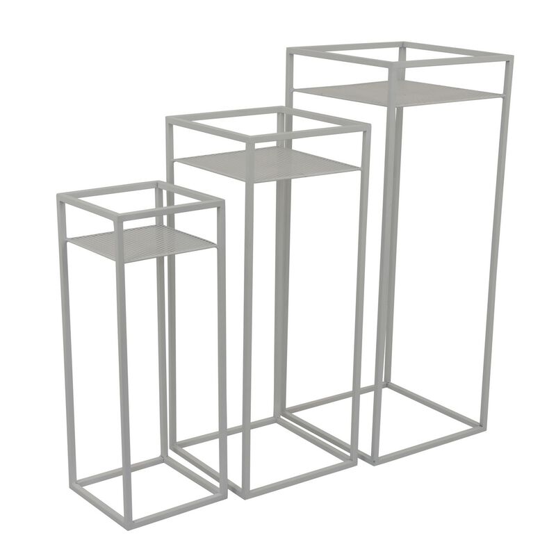 Sano Plant Stand Table Set of 3, Mesh Pattern, White Metal, Square - Benzara