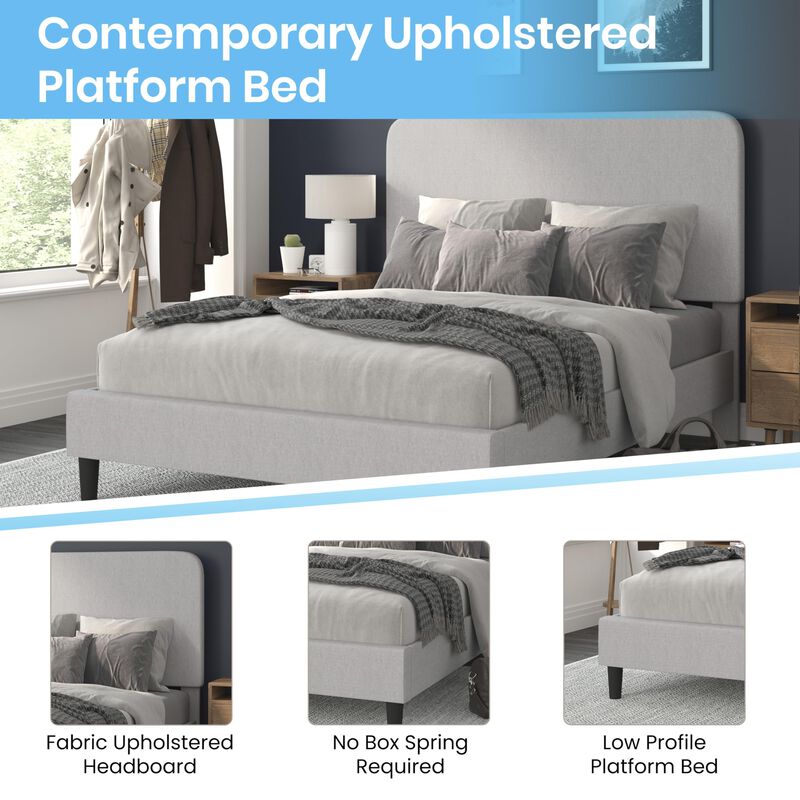 Flash Furniture Addison Platform Bed - Light Grey Fabric Upholstery - Queen - Headboard with Rounded Edges - Wood Slat Support - No Box Spring or Foundation Needed