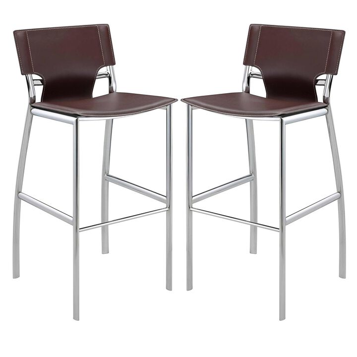 Illa 26 Inch Counter Height Chair, Set of 2, Chrome Base, Vegan Leather, Brown - Benzara