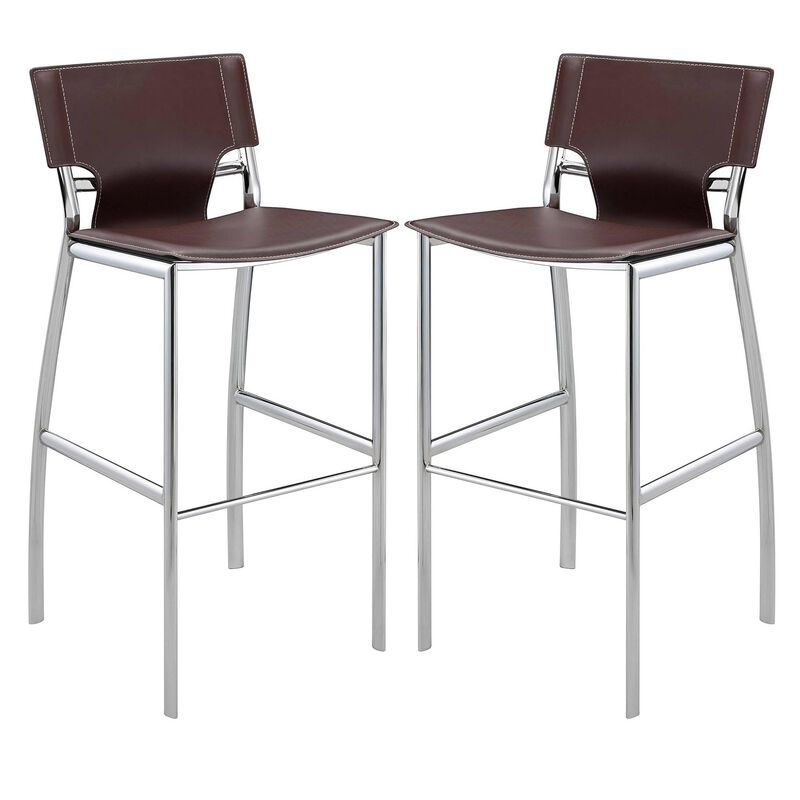 Illa 26 Inch Counter Height Chair, Set of 2, Chrome Base, Vegan Leather, Brown - Benzara