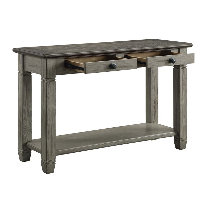 Rome 48 Inch Sofa Table, Rectangular, 2 Drawers, Brown, Gray, Solid Wood - Benzara